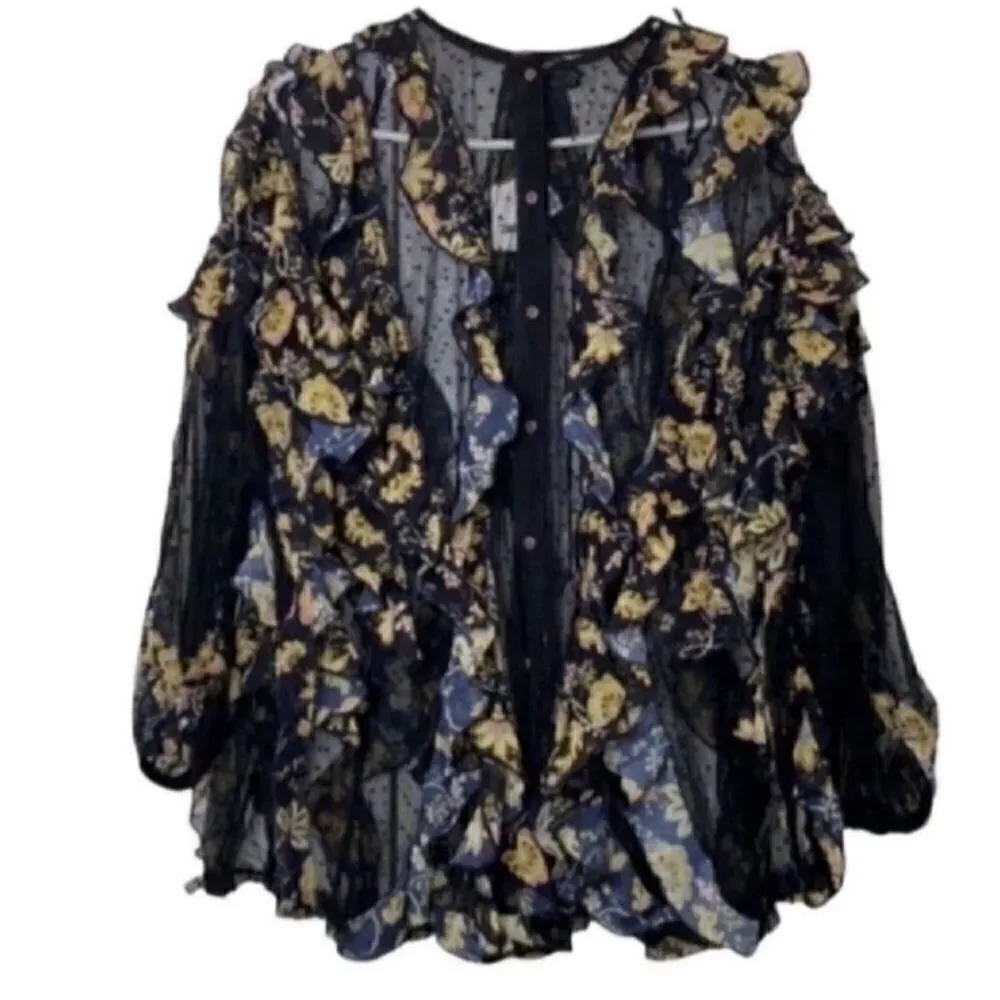 Free People Oversized Ruffle Floral Print Tunic Top (Size Small)
